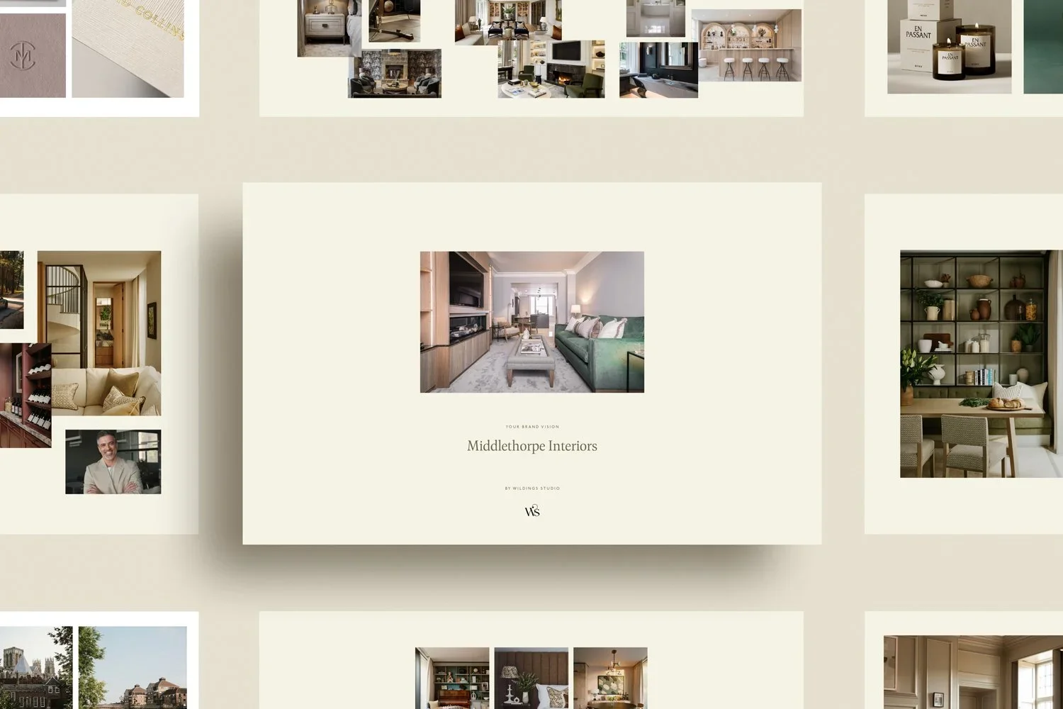 Middlethorpe Interiors brand strategy sheets showing a green velvet sofa plus living room design concepts and moodboards