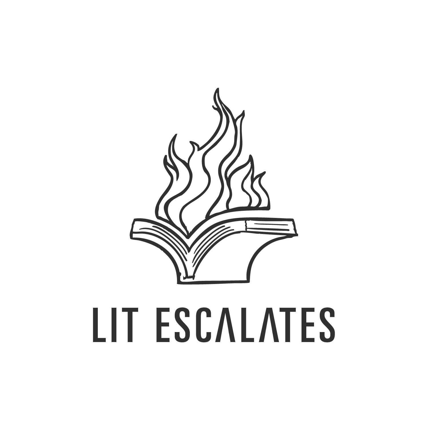 A black and white logo of a flame rising from an open book with the words 'LIT ESCALATES' underneath.