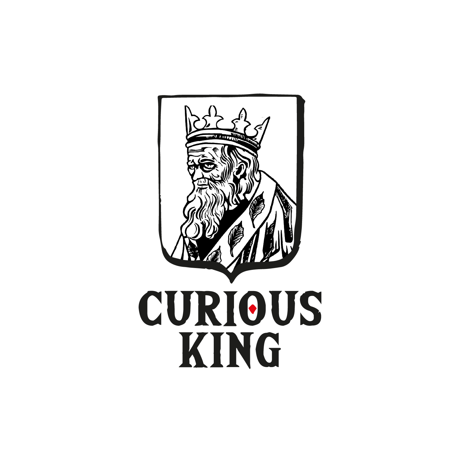 Black logo featuring a crowned king with a long beard within a shield shape. Below, the text reads 'CURIOUS KING' with a small red dot inside the 'O' in 'KING'.