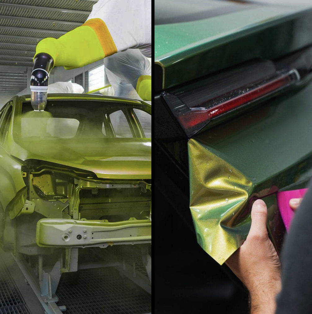 Left side: a worker in protective gear paints a car in an auto manufacturing plant. Right side: a person applies a reflective wrap to a green car with a pink tool.