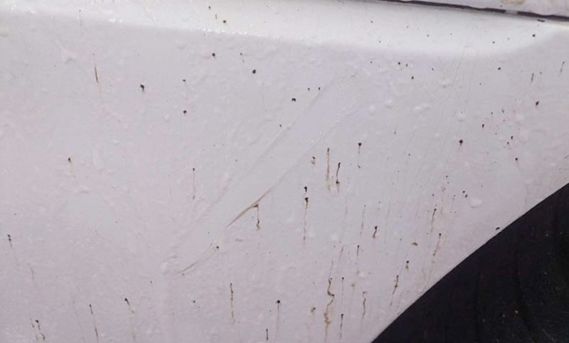 Close-up of a dirty, scratched white surface with black specks and streaks.