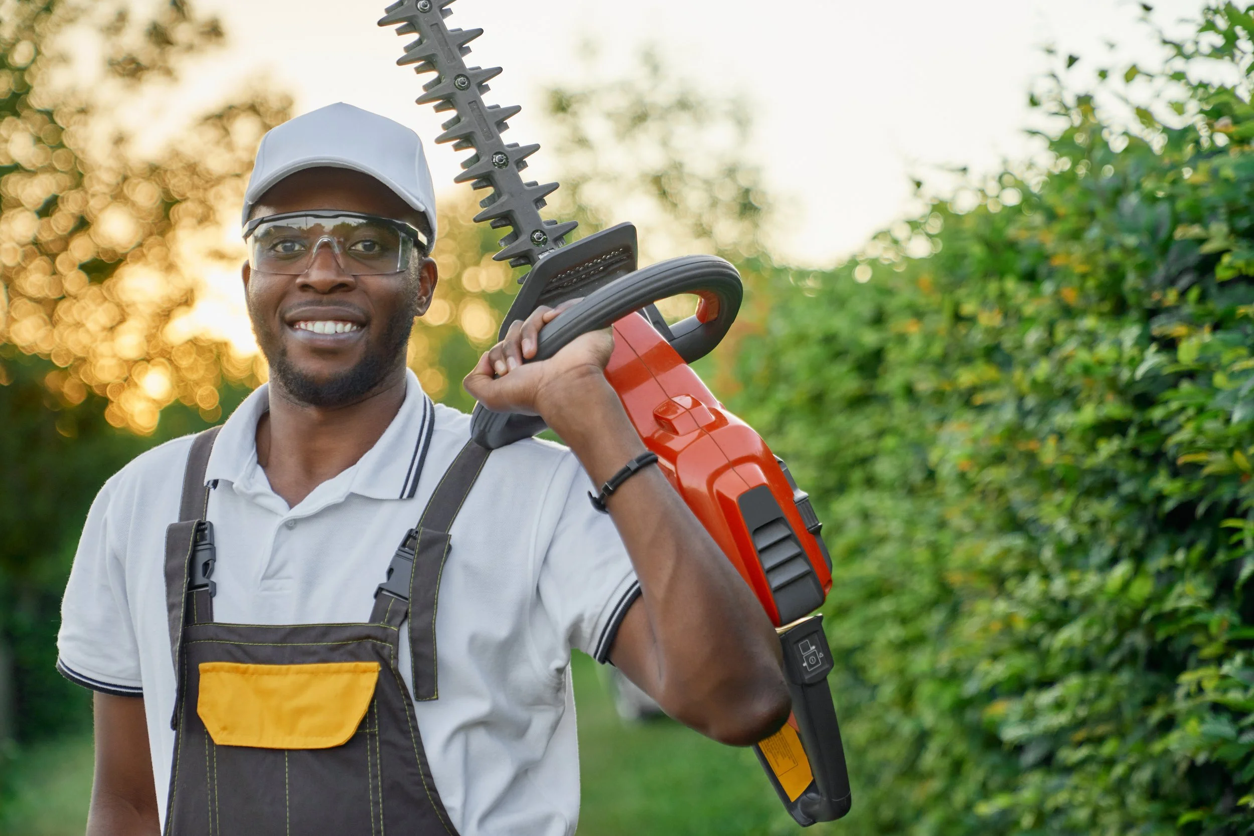 Landscaping professional holding hedge trimmer and smiling at camera.