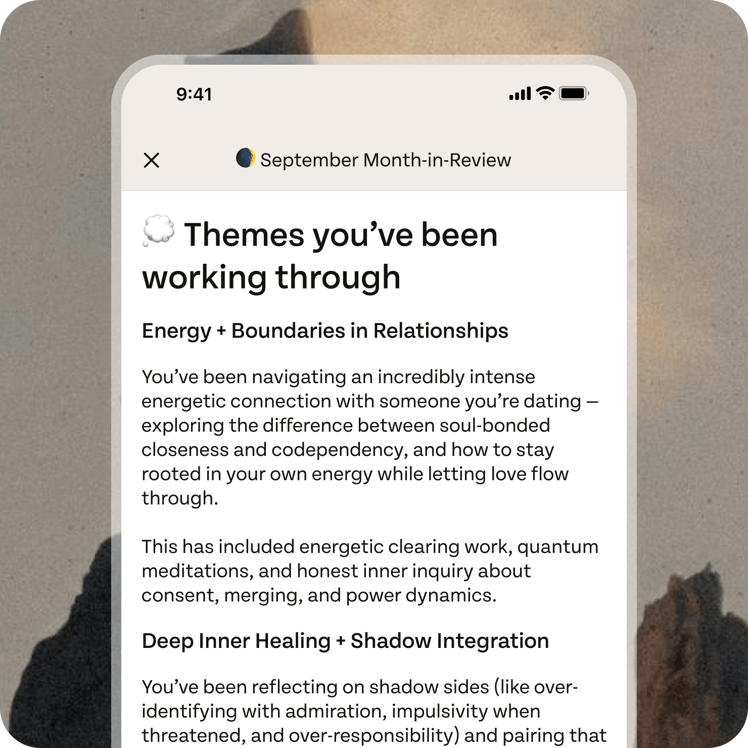Mobile phone screen displaying a review titled "Themes you've been working through" with two sections: "Energy + Boundaries in Relationships" and "Deep Inner Healing + Shadow Integration". The background is a beige textured surface.