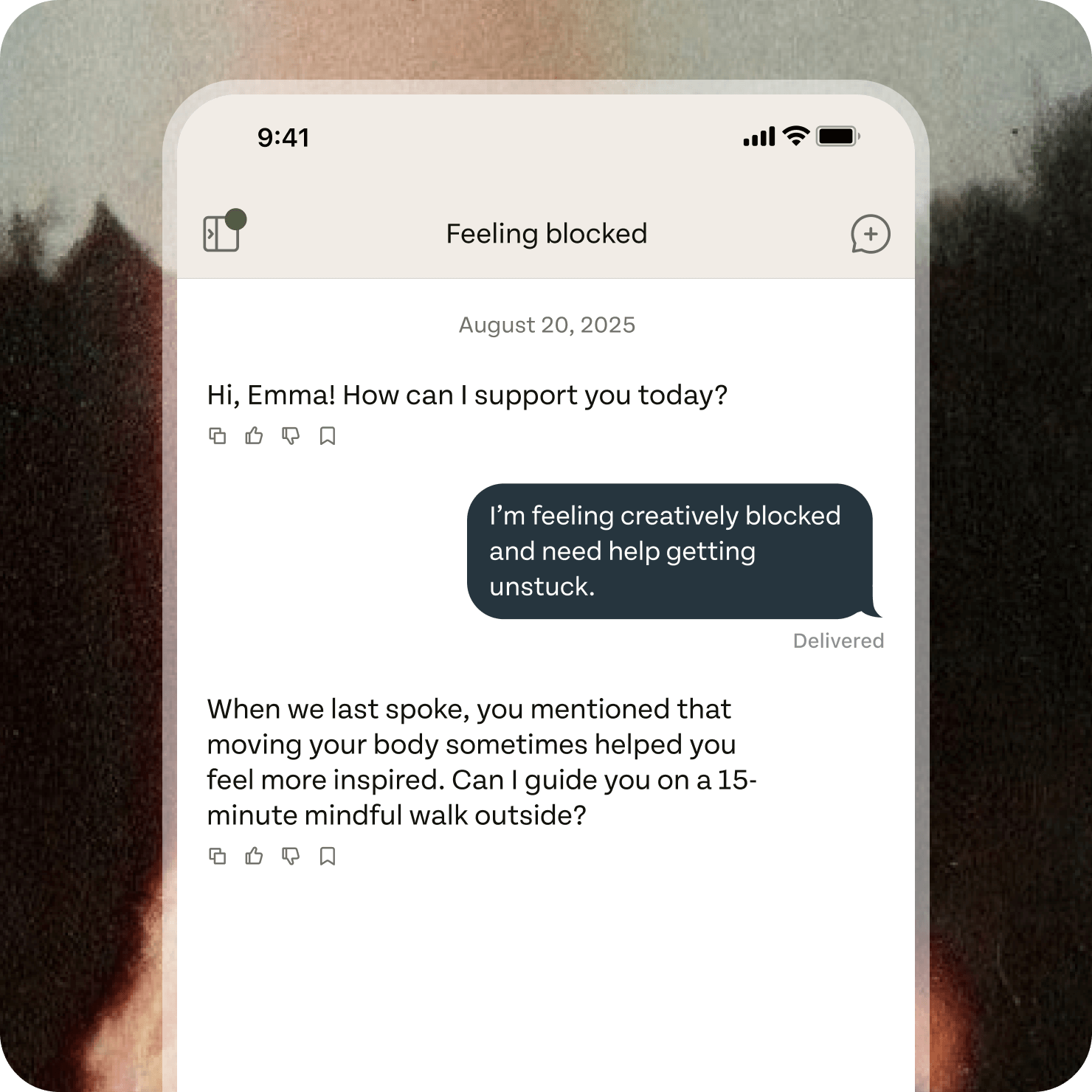 Screenshot of a messaging app displaying a conversation between Emma and a support person, dated August 20, 2025, with Emma requesting help due to feeling socially blocked and un-stuck.