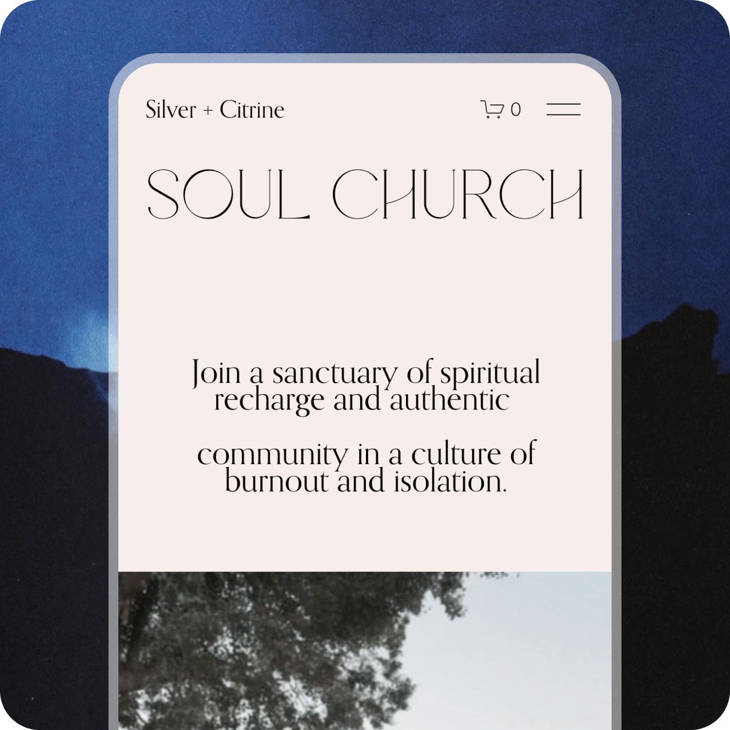 A digital webpage with a background of a tree and sky. The page promotes a spiritual community called Soul Church, with text inviting people to join for spiritual recharge and connection in a community of burnout and isolation.