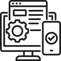 Illustration of a computer monitor and a smartphone with gear and checkmark icons, representing settings or system configuration.