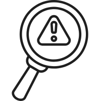 Magnifying glass with a warning exclamation mark inside, indicating caution or alert.