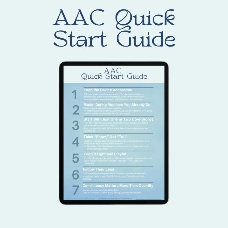 Download a free AAC Quick Start Guide from Flying Cloud Speech Therapy. Simple, supportive steps to help parents and SLPs start modeling AAC confidently at home or in therapy.
