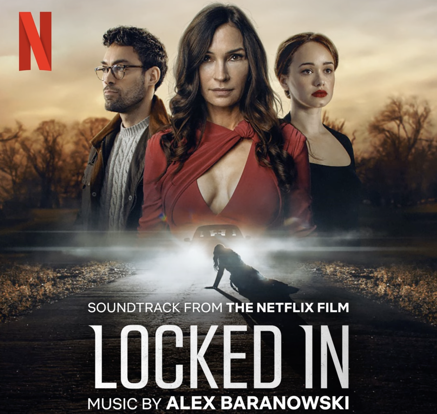 Promotional poster for the Netflix film 'Locked In' featuring three main characters, a man with glasses, a woman with dark hair, and a woman with red hair, standing against a sunset background with a silhouette of a woman on the ground and a car behind her.
