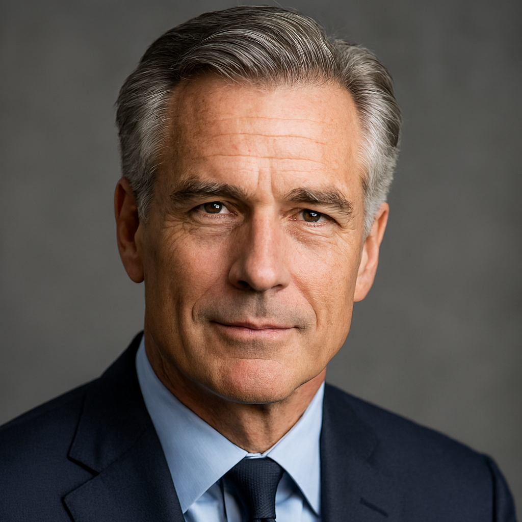 Headshot of a mature man with gray hair, wearing a dark suit, light blue shirt, and dark tie, against a gray background.