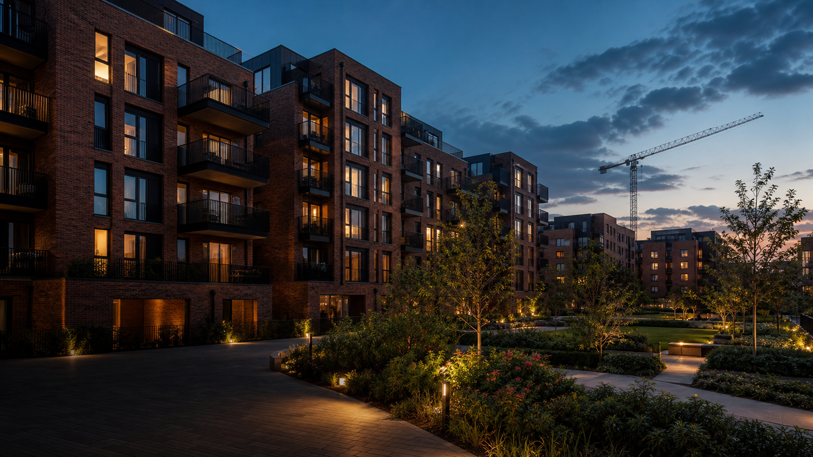 Illustrative British build-to-rent apartments around a landscaped courtyard at dusk with a distant construction crane.