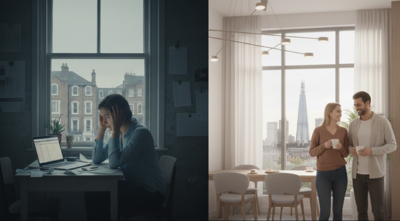 Split-screen showing a stressed woman working alone in a dark London flat on the left, and a smiling couple in a bright modern apartment with the London skyline on the right