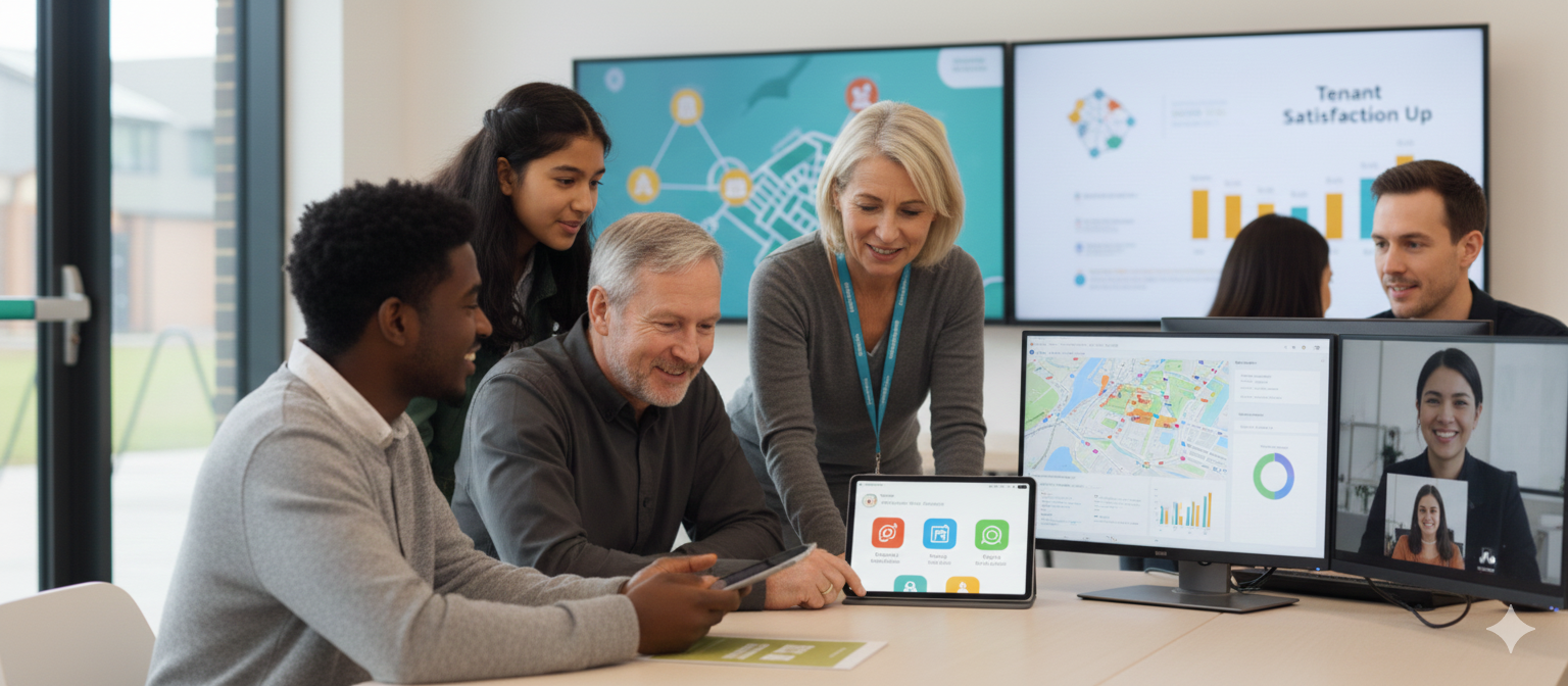 A diverse group of people in an office setting looking at a tablet and computer screens displaying charts, maps, and digital apps for tenant services and satisfaction.