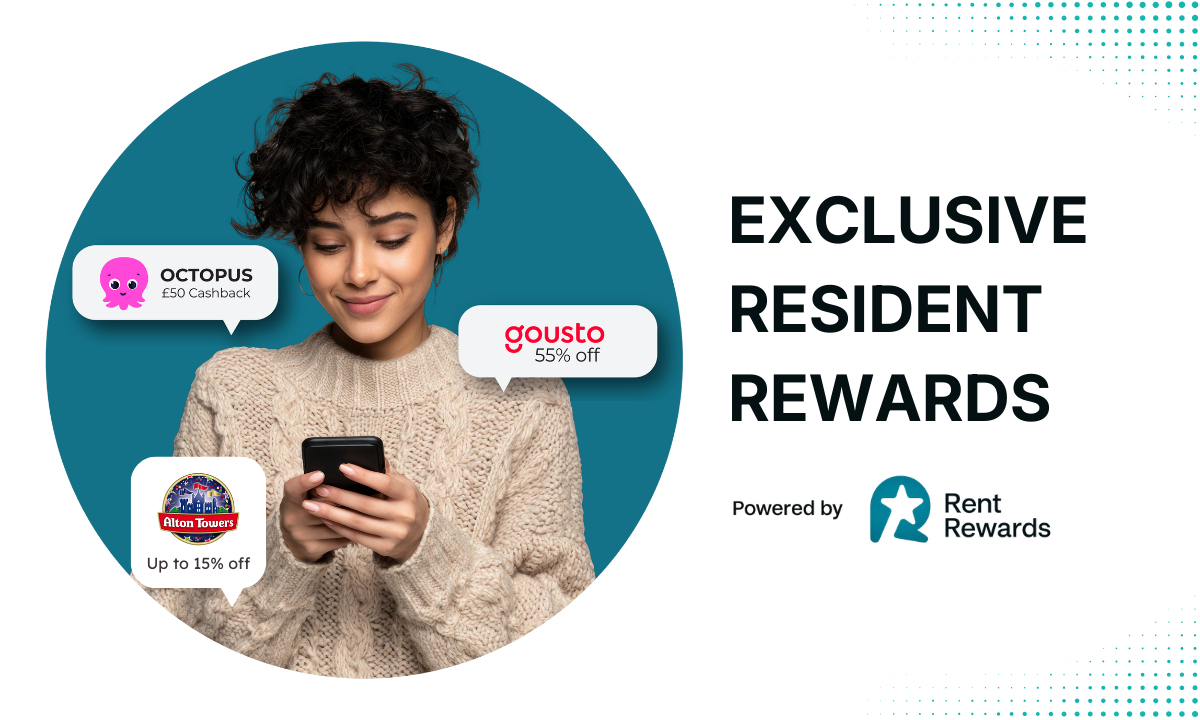 A woman smiling at her phone, framed by a teal circle. Surrounding her are offer bubbles for Octopus (£50 cashback), Gousto (55% off), and Alton Towers (up to 15% off). To the right, text reads "Exclusive Resident Rewards, powered by Rent Rewards."