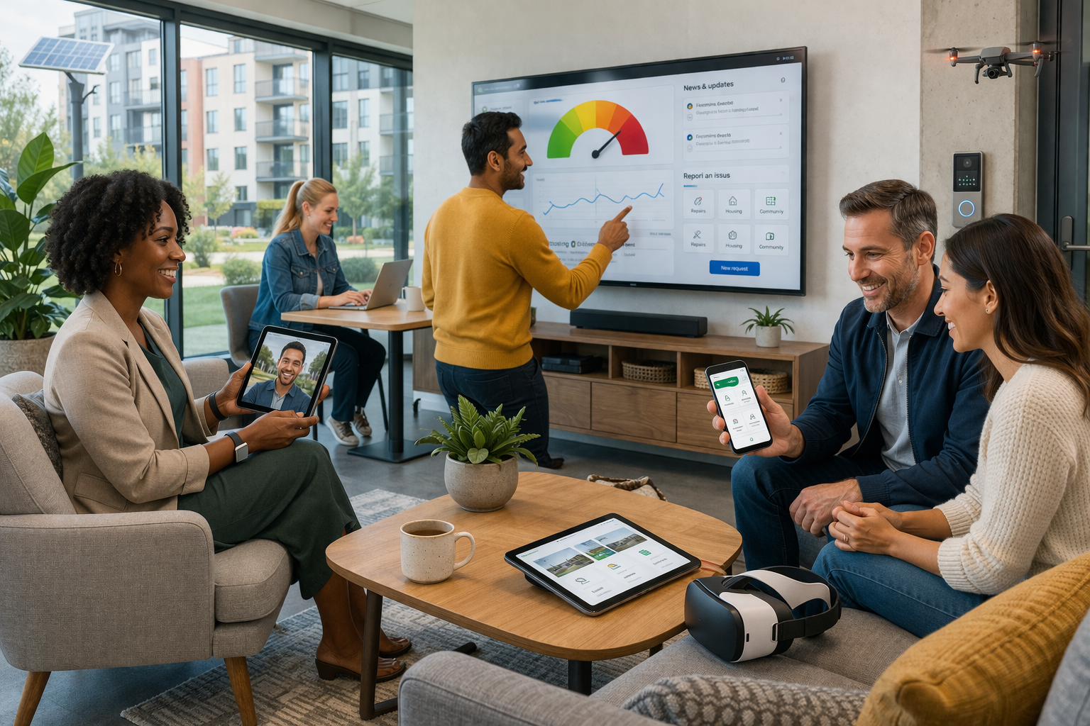 A group of people in a modern lounge using resident engagement technology, including a property management dashboard, mobile app, video calling tablet, and a VR headset.