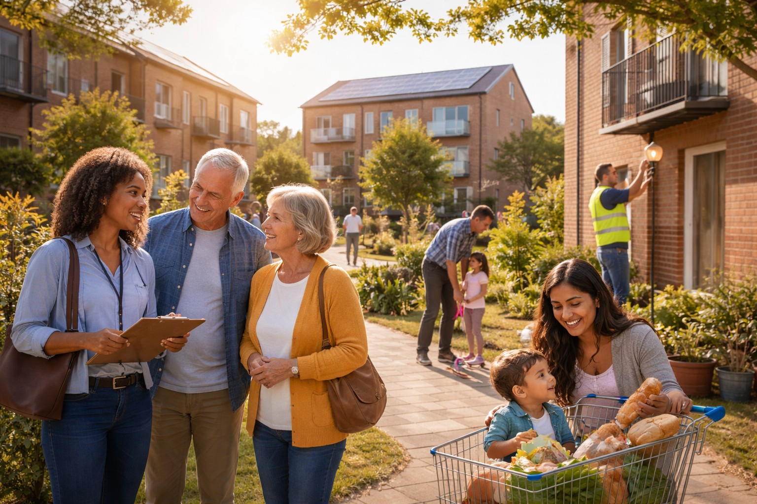 Diverse residents, including a woman with a clipboard and a family with groceries, in a sunlit housing community.