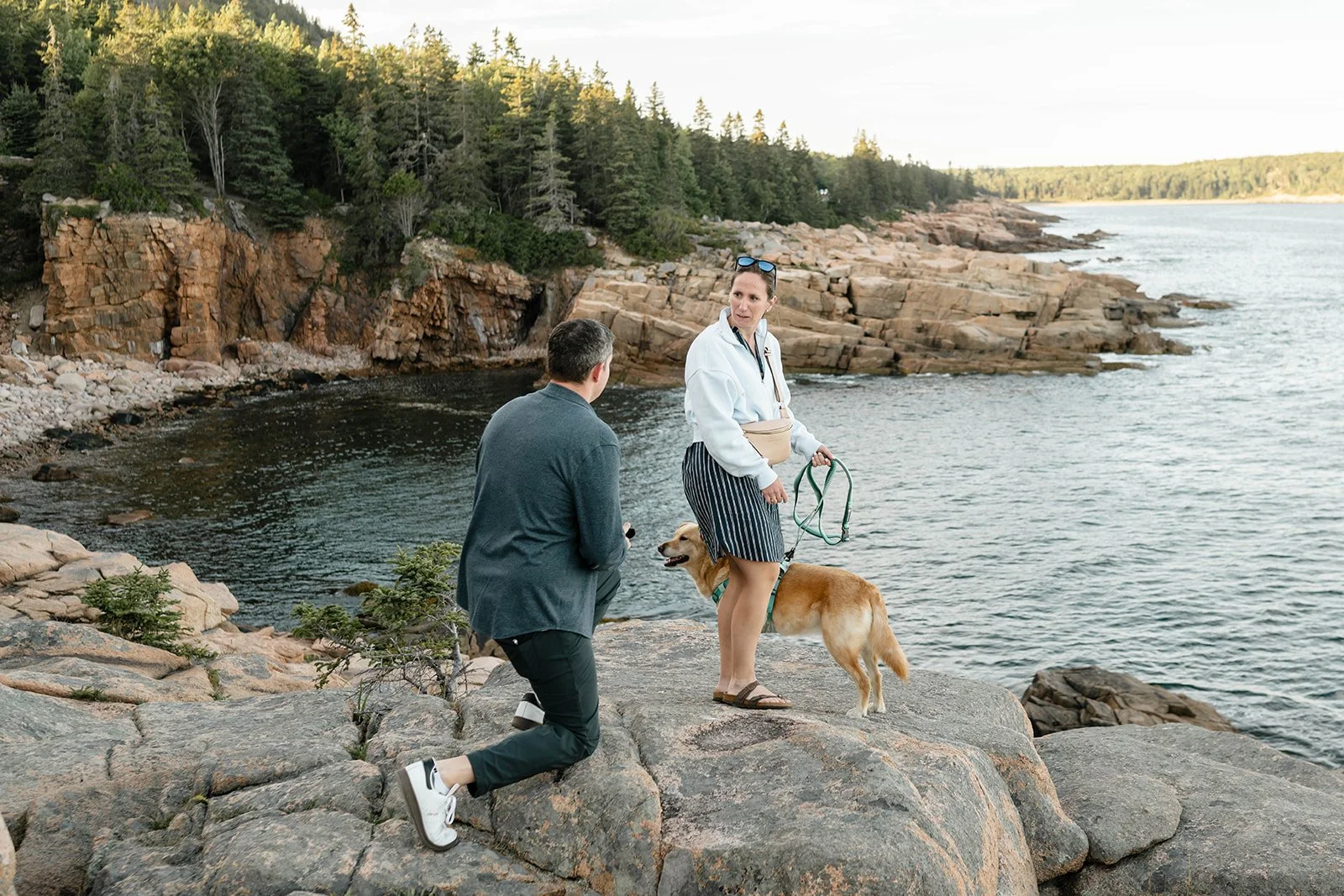 maine surprise proposal on a cliff overlooking the ocean