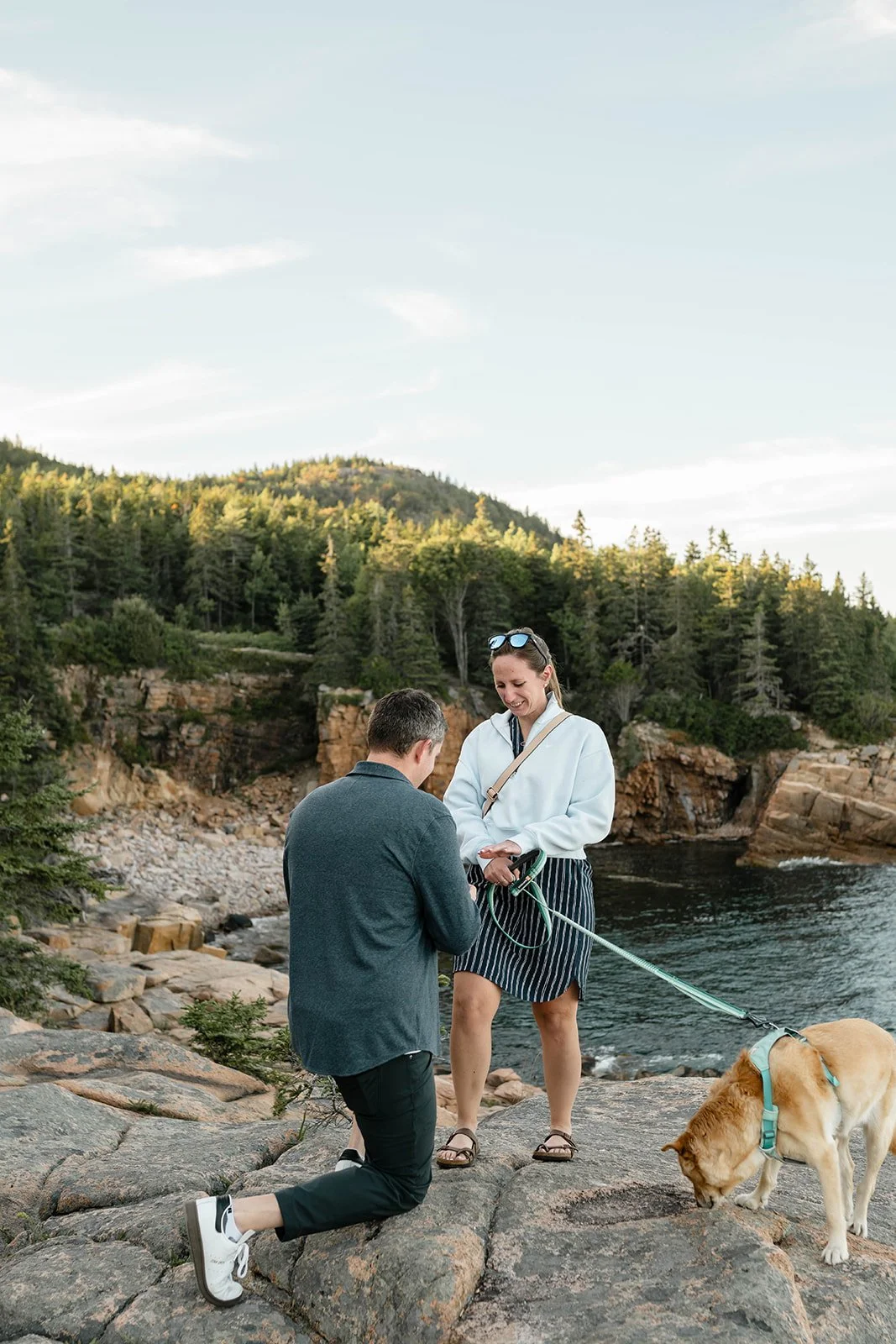 maine surprise proposal on a cliff overlooking the ocean