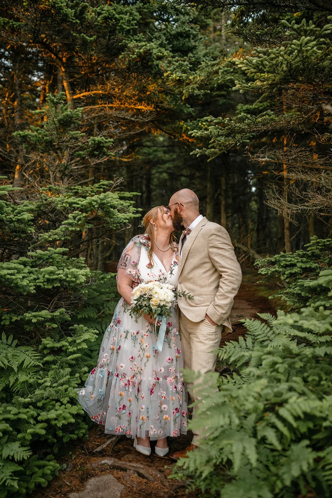 summer elopement in maine along the coastgolden hour forest elopement in maine