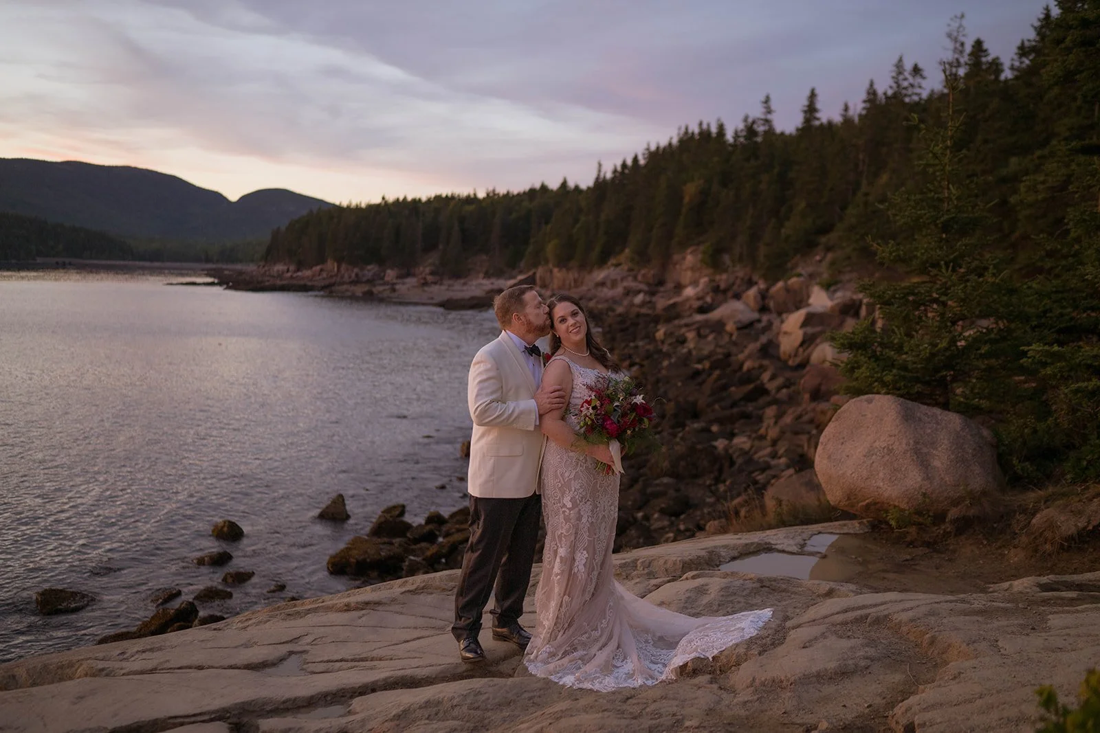 romantic elopement along the coast of maine during sunset