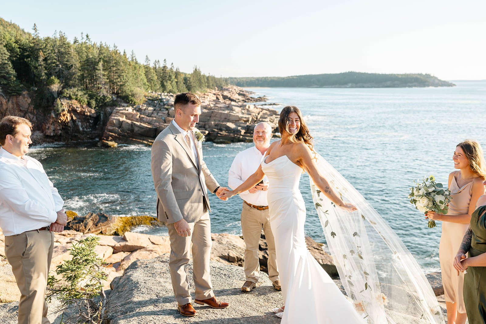 sunrise elopement ceremony on the cliffs at acadia national park
