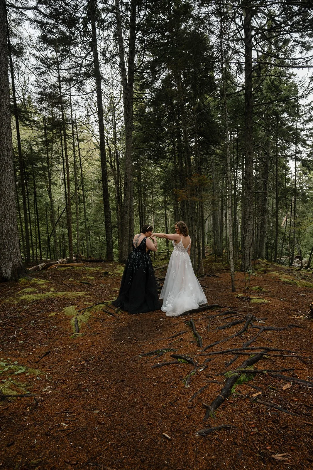brides in a moody forest during their elopement in acadia