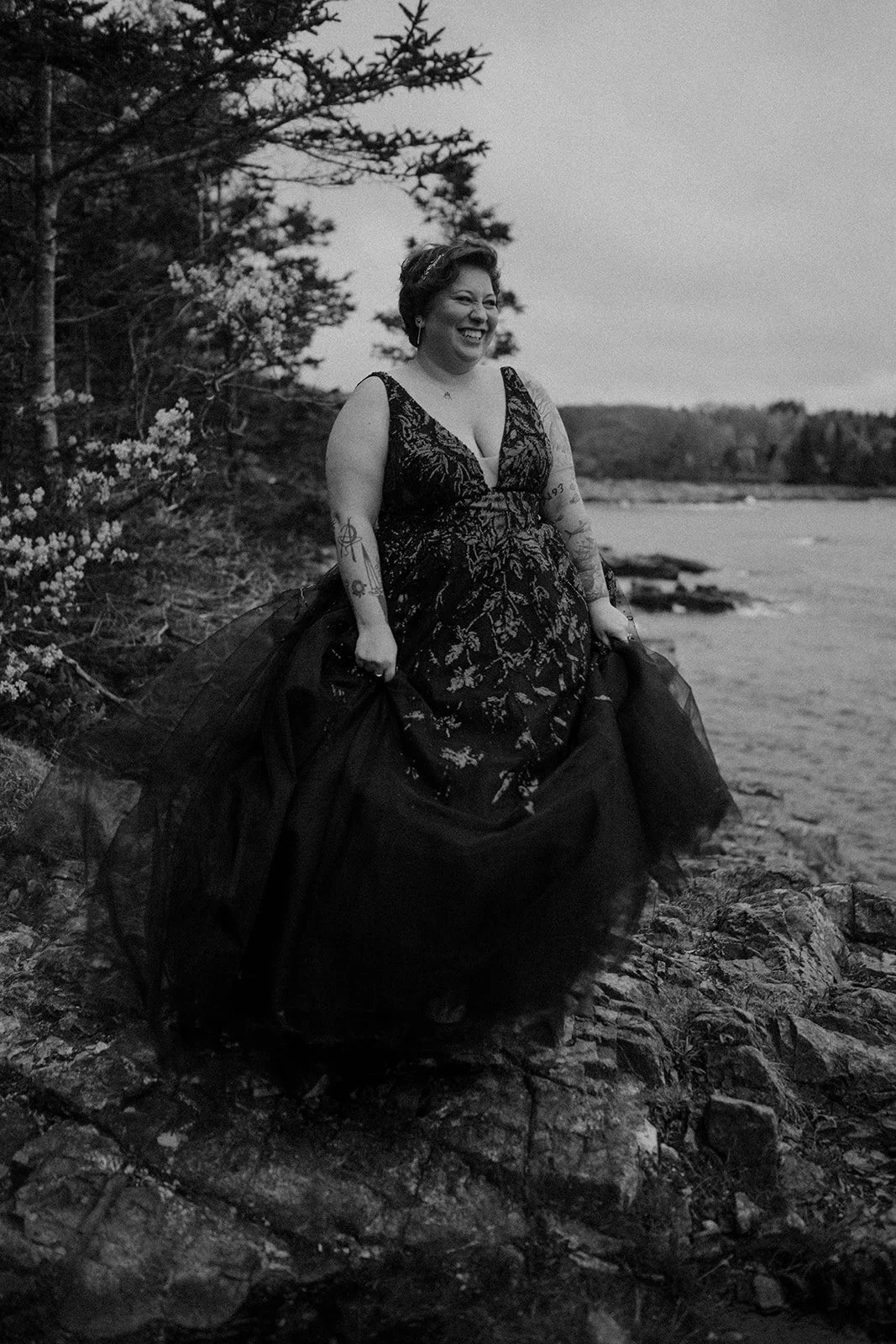 moody lgbtq coastal elopement in acadia national park during sunrise