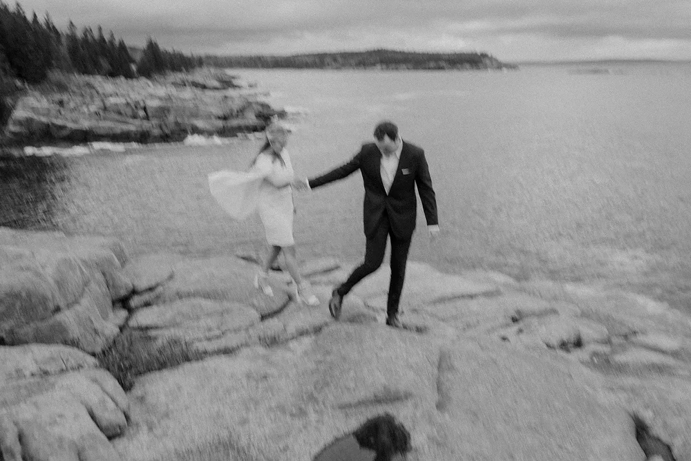 black and white moment of acadia coastal elopement