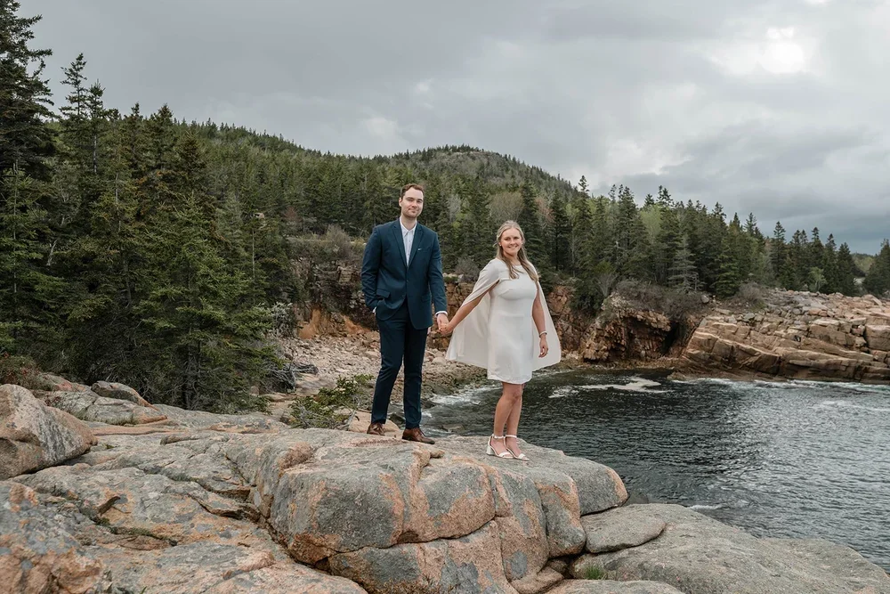bride and groom at acadia coast during their scenic elopement