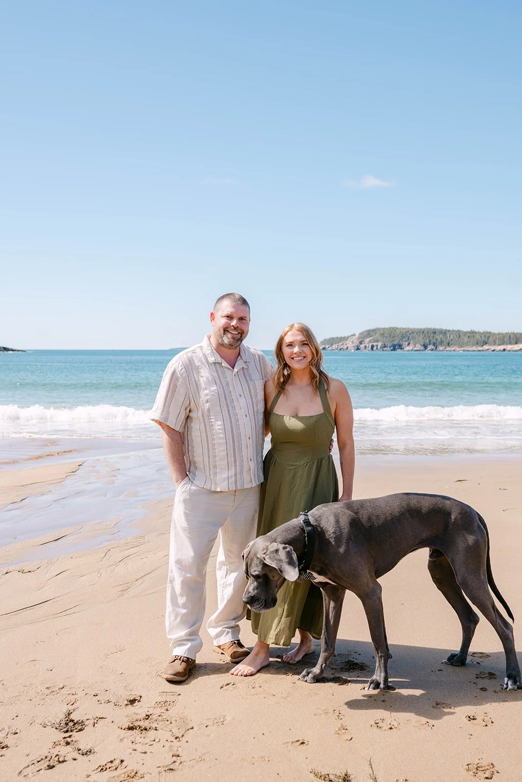 couple and their dog during their engagement session at Sand Beach in Acadia