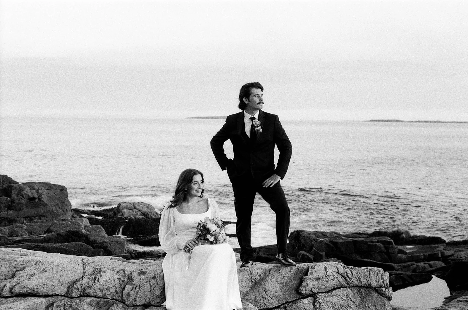 intimate elopement couple on the cliffs at acadia national park