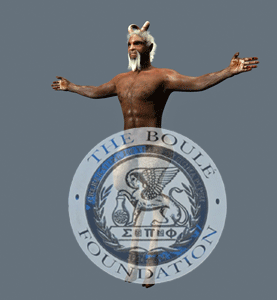 A human-like figure with the head of a goat or ram and muscular human upper body, standing with arms outstretched behind a glowing emblem of The Boulé Foundation, which features a shield, a lion, and a book.