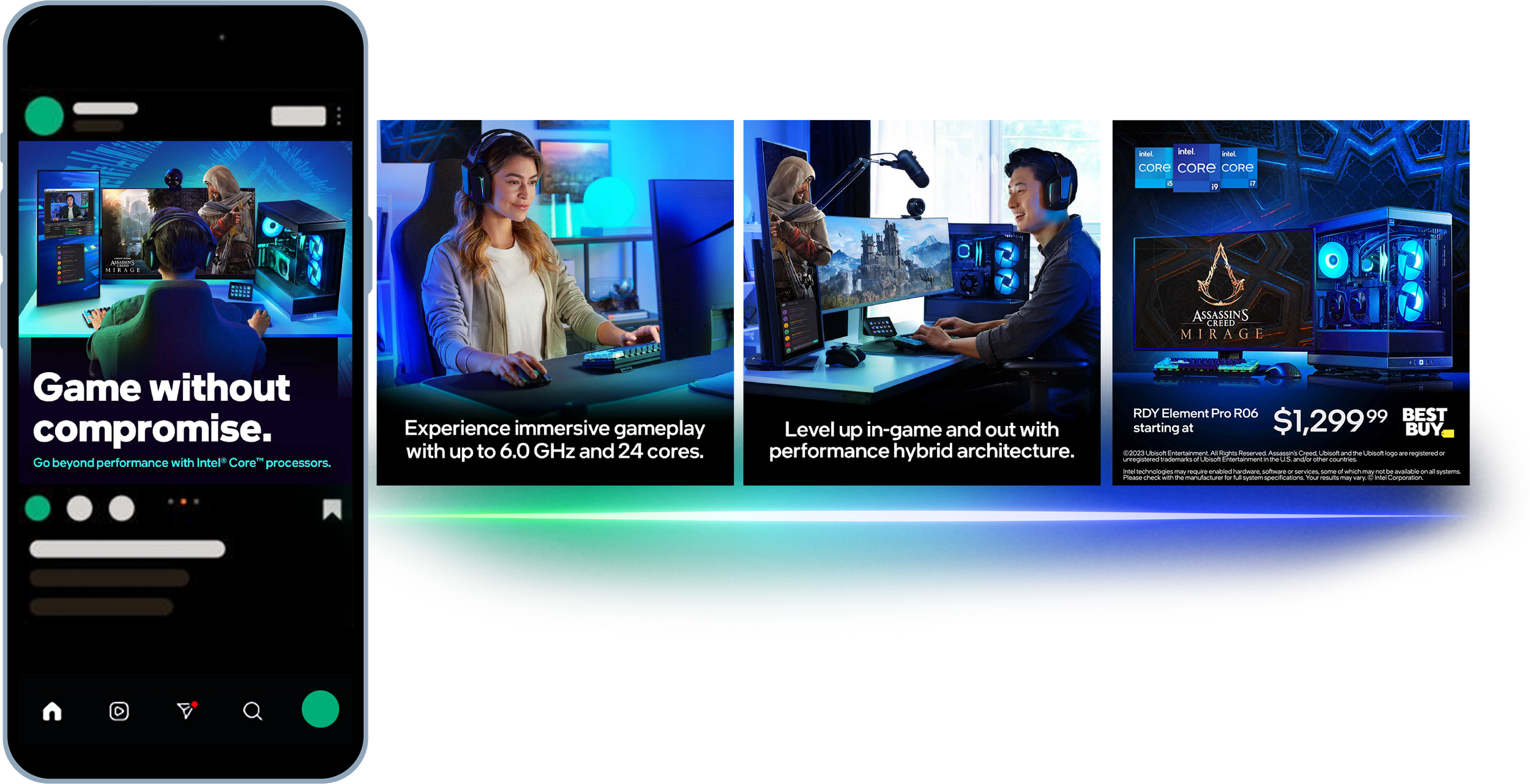 A digital advertising collage for gaming PCs and processors, featuring a smartphone interface displaying social media posts, and images of gamers using high-performance computers with Intel Core processors, highlighting immersive gameplay and hybrid architecture, with promotional text and pricing details for custom gaming desktop.