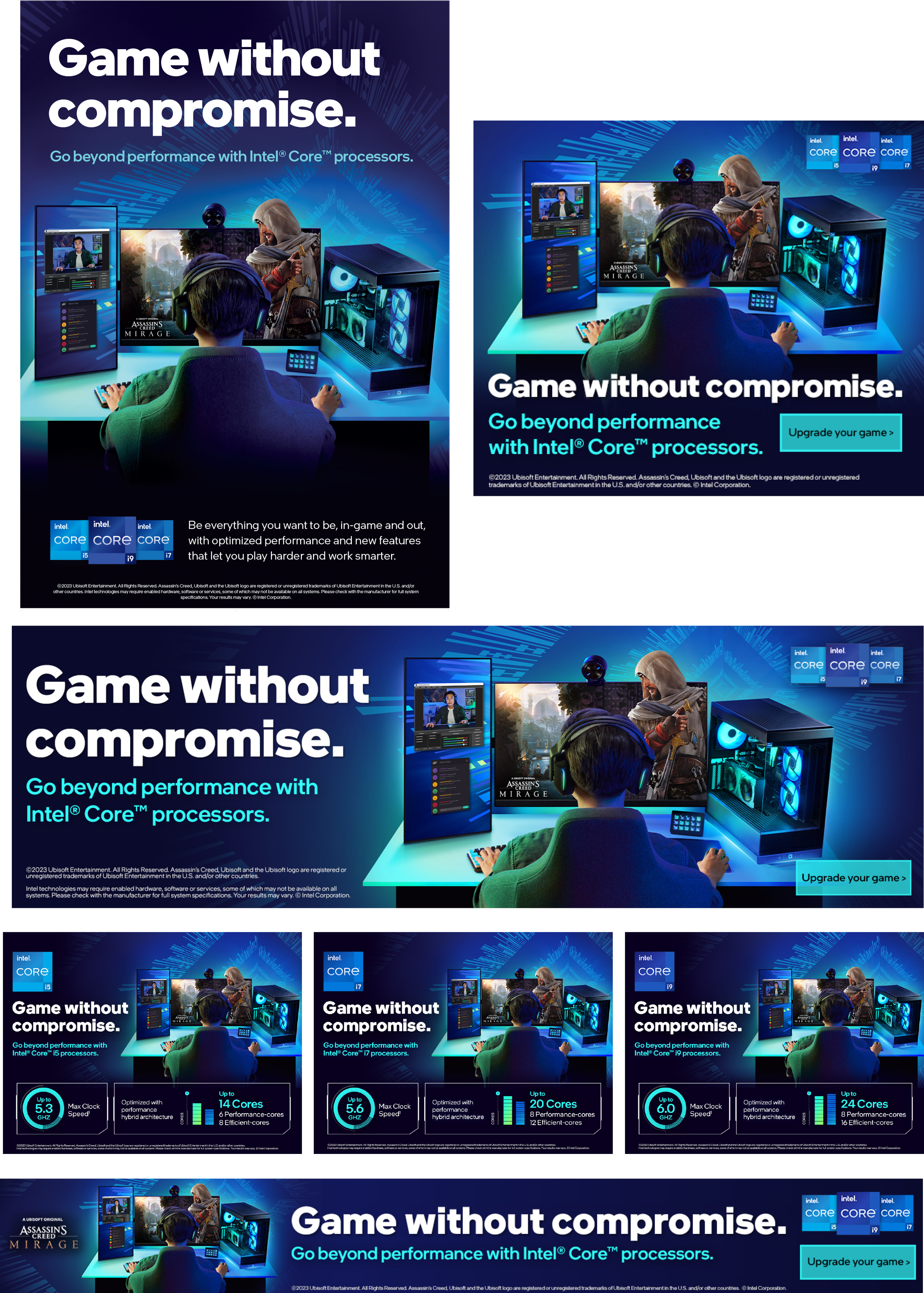 Advertisement for Intel Core processors featuring a person gaming at a desk with multiple monitors and gaming devices, with the text "Game without compromise" and "Go beyond performance with Intel Core processors".