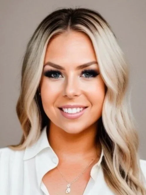 Portrait of a smiling woman with blonde hair and blue eyes, wearing a white shirt and a necklace.