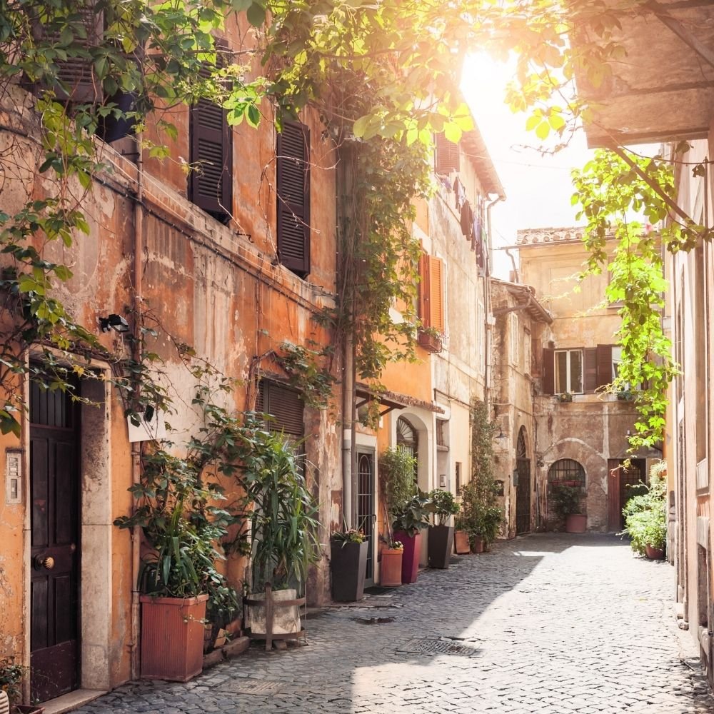 A narrow cobblestone street in a European village with old, weathered buildings and potted plants along the sides, bathed in warm sunlight.