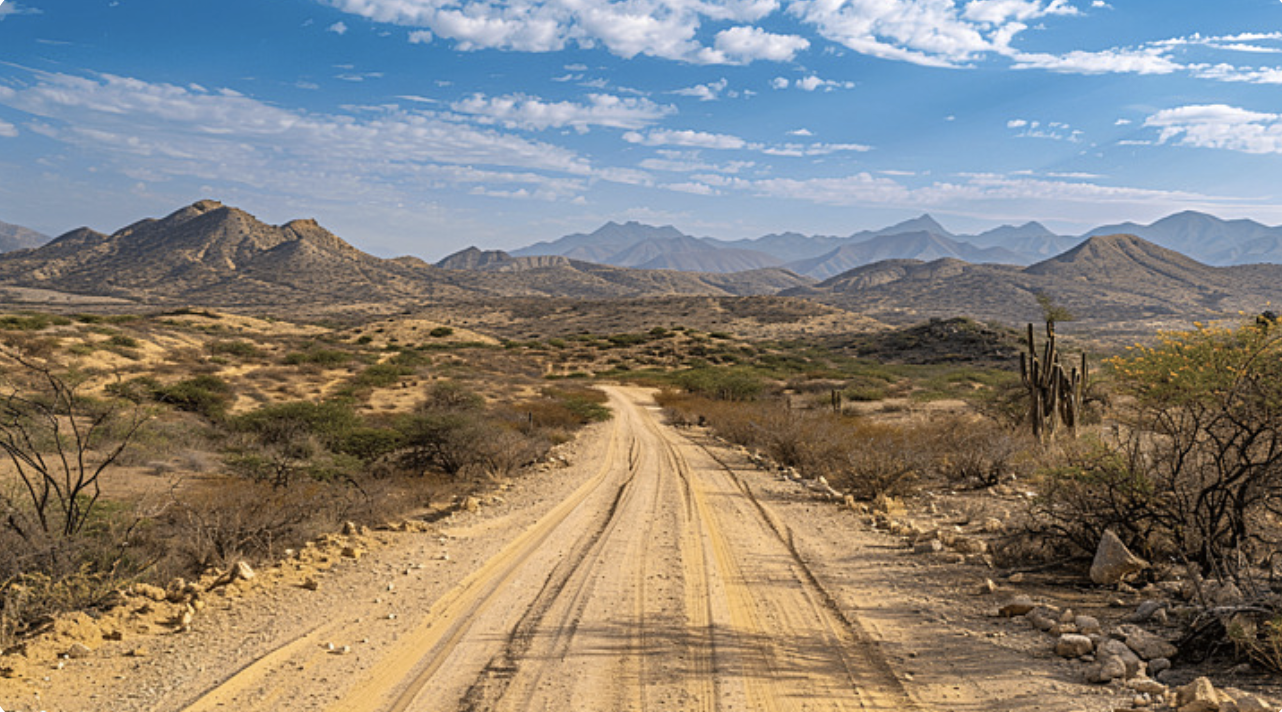 A dirt road running through a desert landscape with sparse bushes and cacti, with mountains in the distance under a partly cloudy sky.