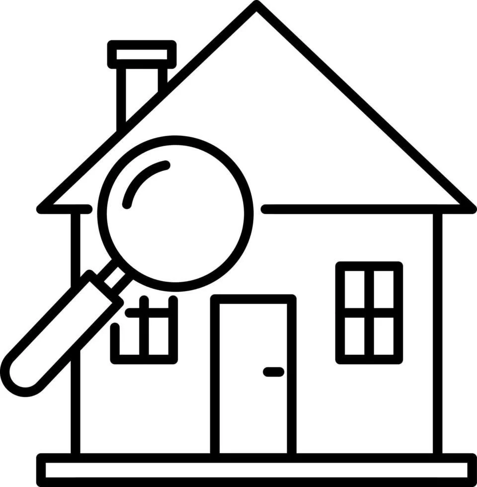 Line drawing of a house with a magnifying glass over it.