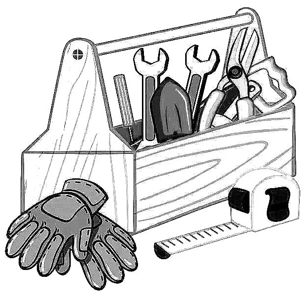 A wooden toolbox containing various hand tools, a pair of work gloves, a measuring tape, and some gardening tools.