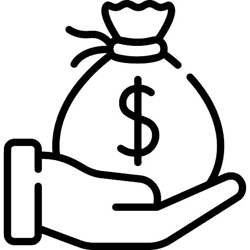 Line drawing of a hand holding a money bag with a dollar sign.