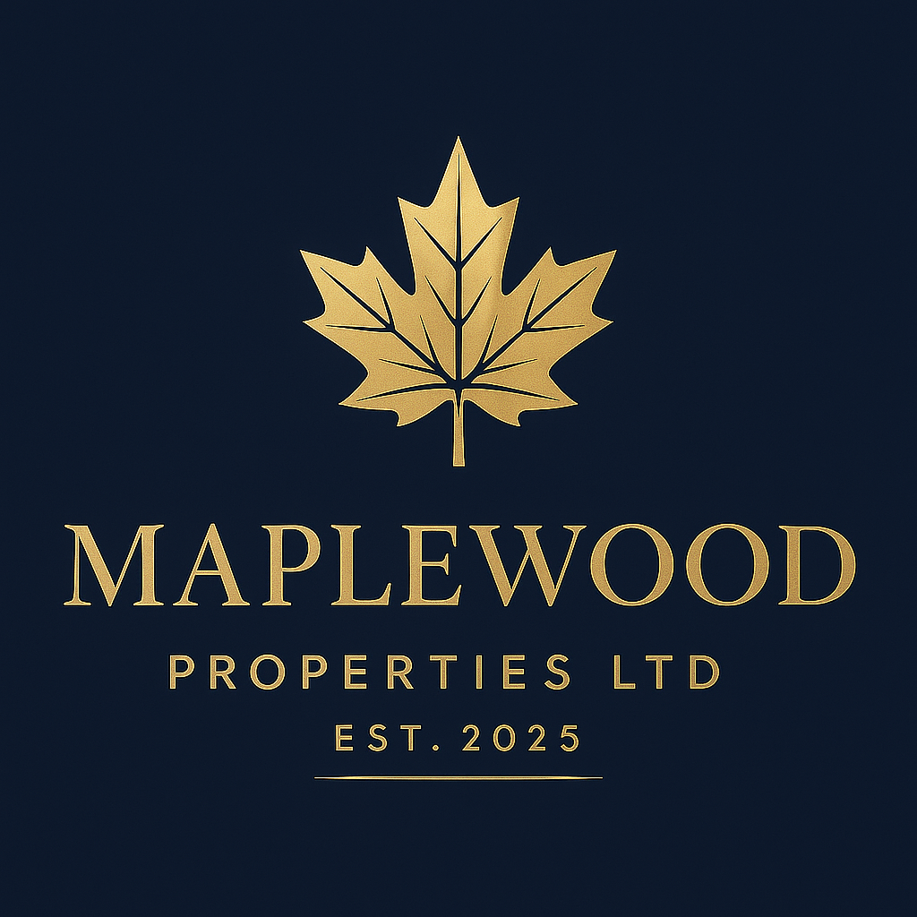 Logo for Maplewood Properties Ltd, featuring a gold maple leaf and text on a dark background, established in 2025.