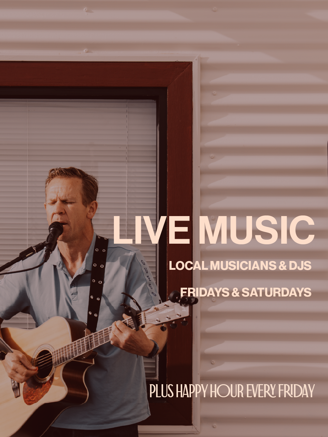 live music promotion at The Rove, every Friday and Saturday night, featuring local musicians and DJ's, plus happy hour every Friday