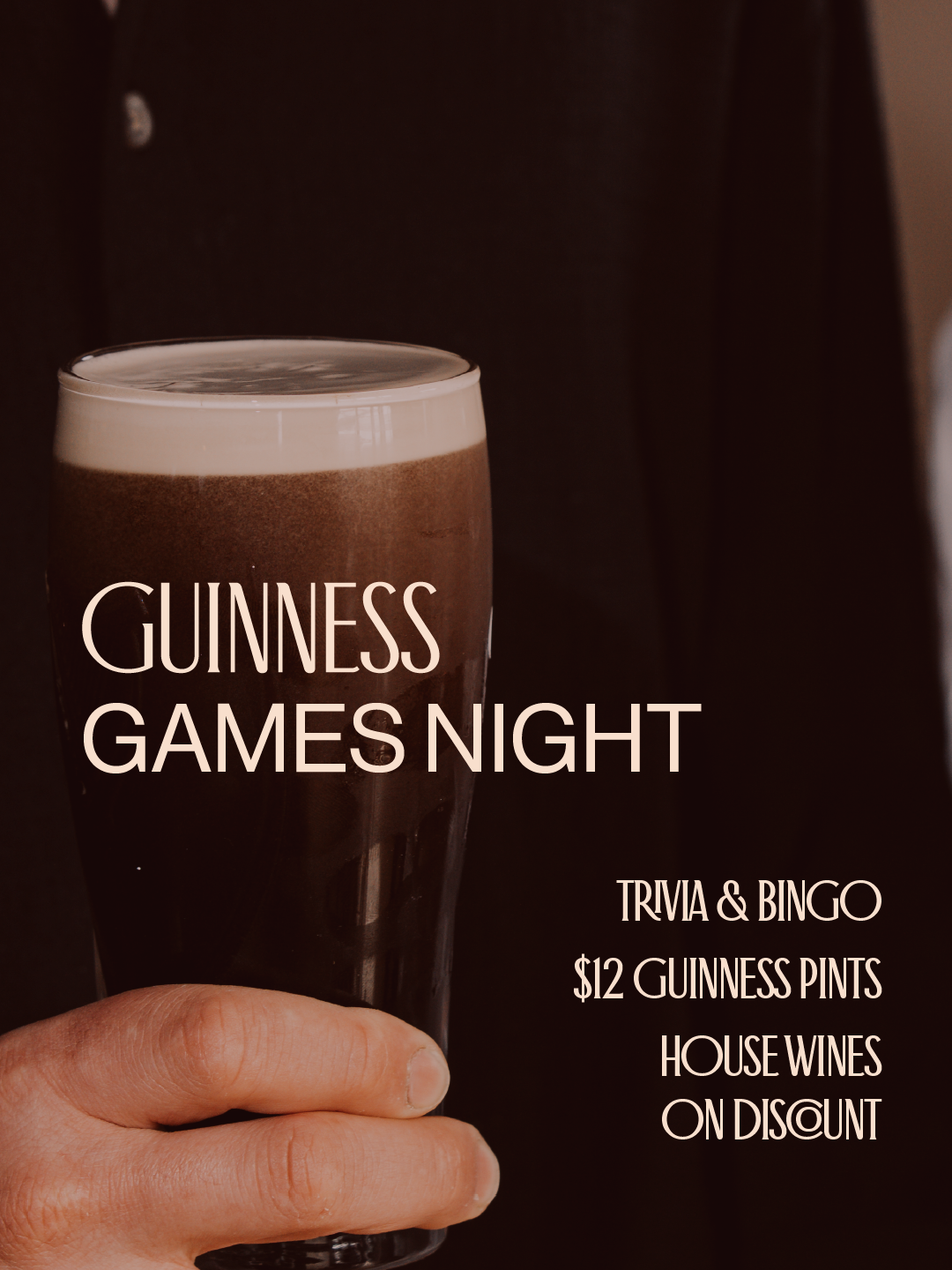 Guinness games night promotion at The Rove, with trivia and bingo alternating each week on Wednesdays