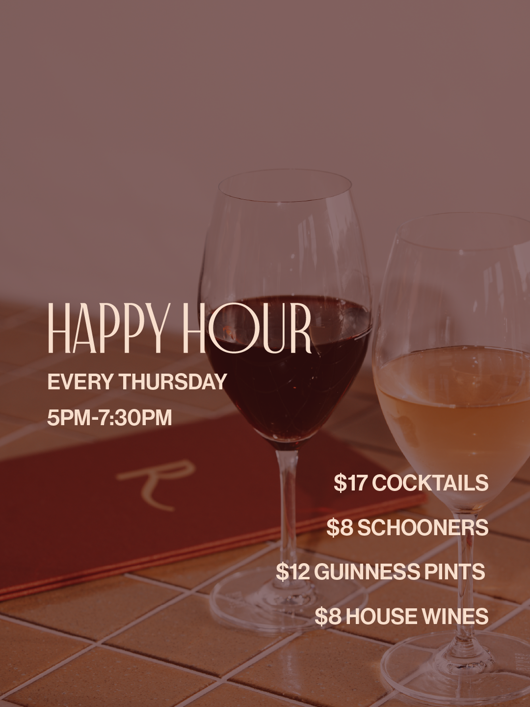 happy hour promotion every thursday at the rove bar from 5pm-7:30pm, which includes discounted cocktails, beers, and wines