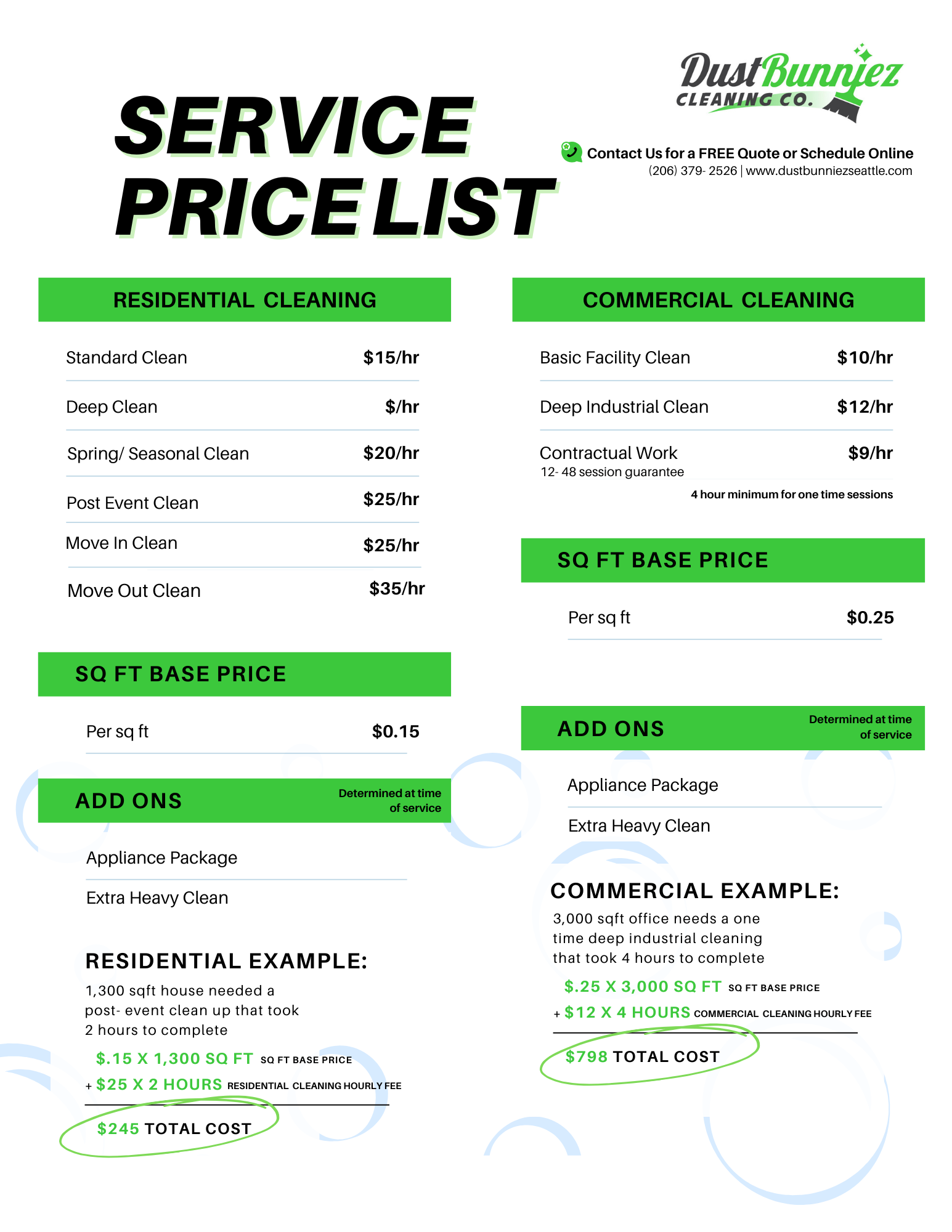 Service price list from Dust Bunniez Cleaning Co. showing residential and commercial cleaning rates, square footage base prices, add-on options, and example costs for a residential house and commercial office cleaning.