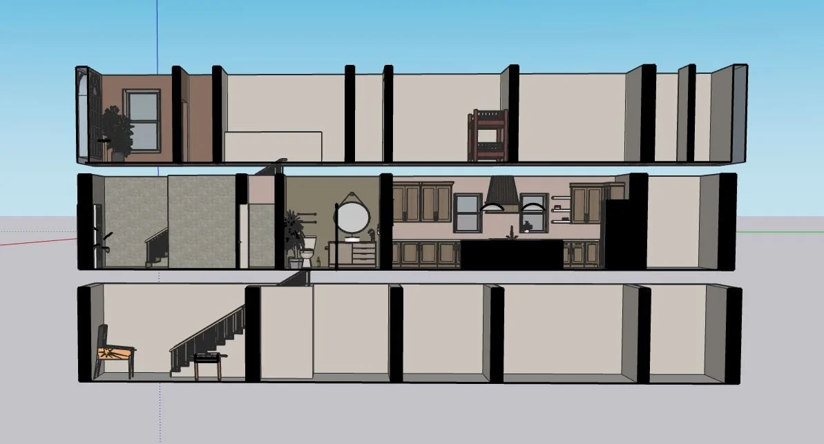 Cross-section of a multi-story house showing furniture and interior design details on each floor.