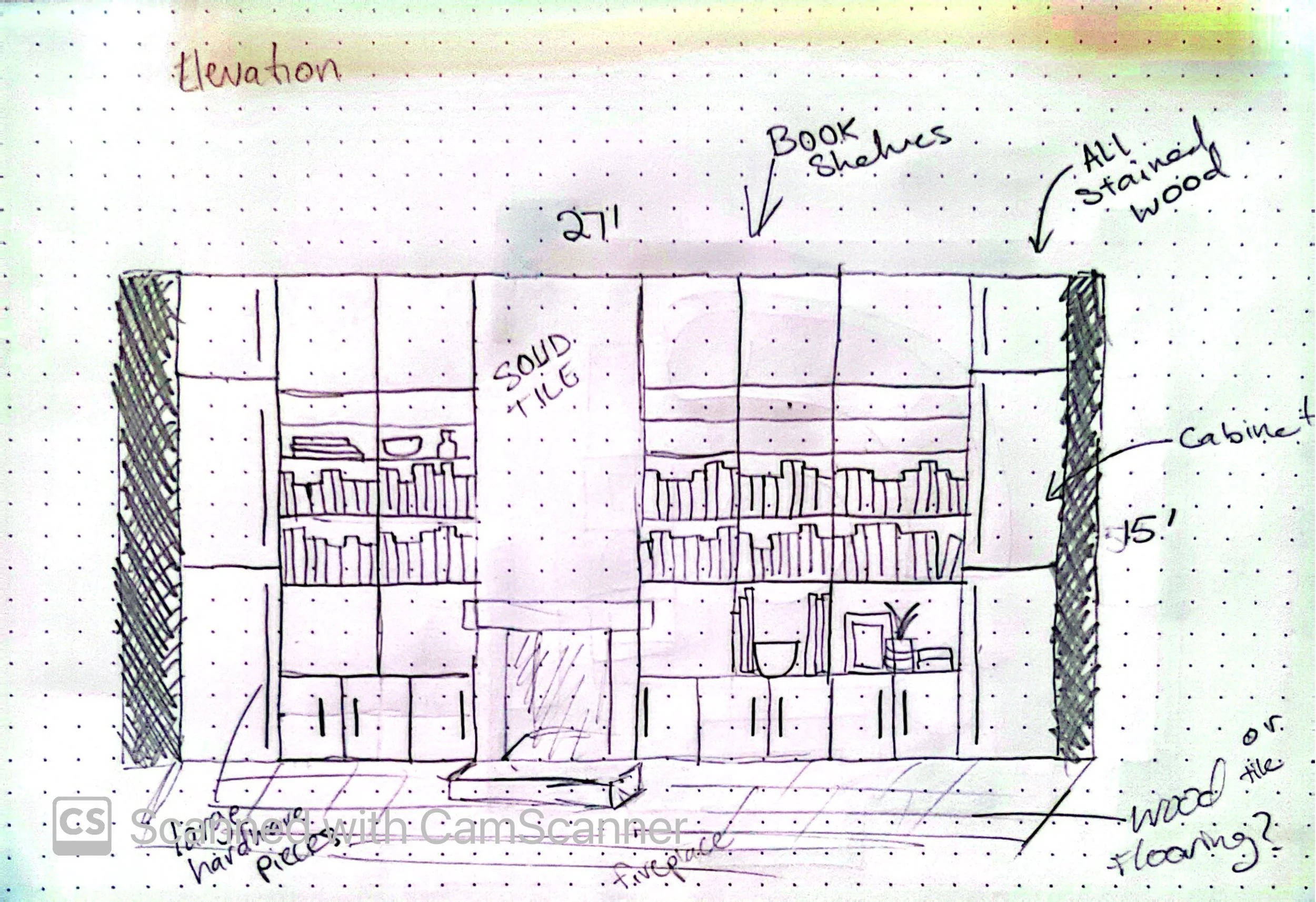 A hand-drawn sketch of a floor-to-ceiling built-in bookshelf and cabinet designed for a room. The sketch indicates different sections, shelves filled with books, a solid tig door, and notes about materials like all stained wood. The drawing includes 