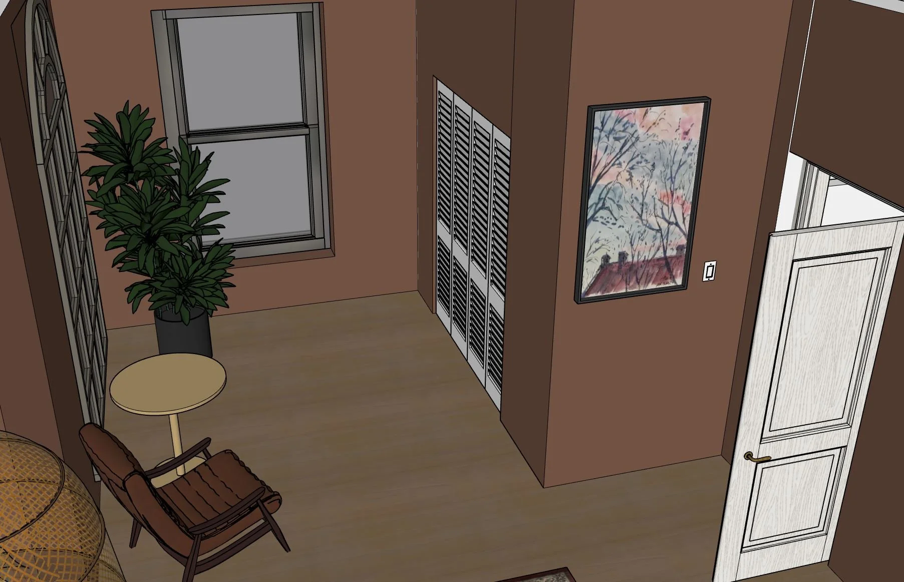 Interior view of a room with a large window, a potted plant, a small round table, a wooden chair, a closet with louvered doors, a framed landscape painting, an open door, and a wall switch.