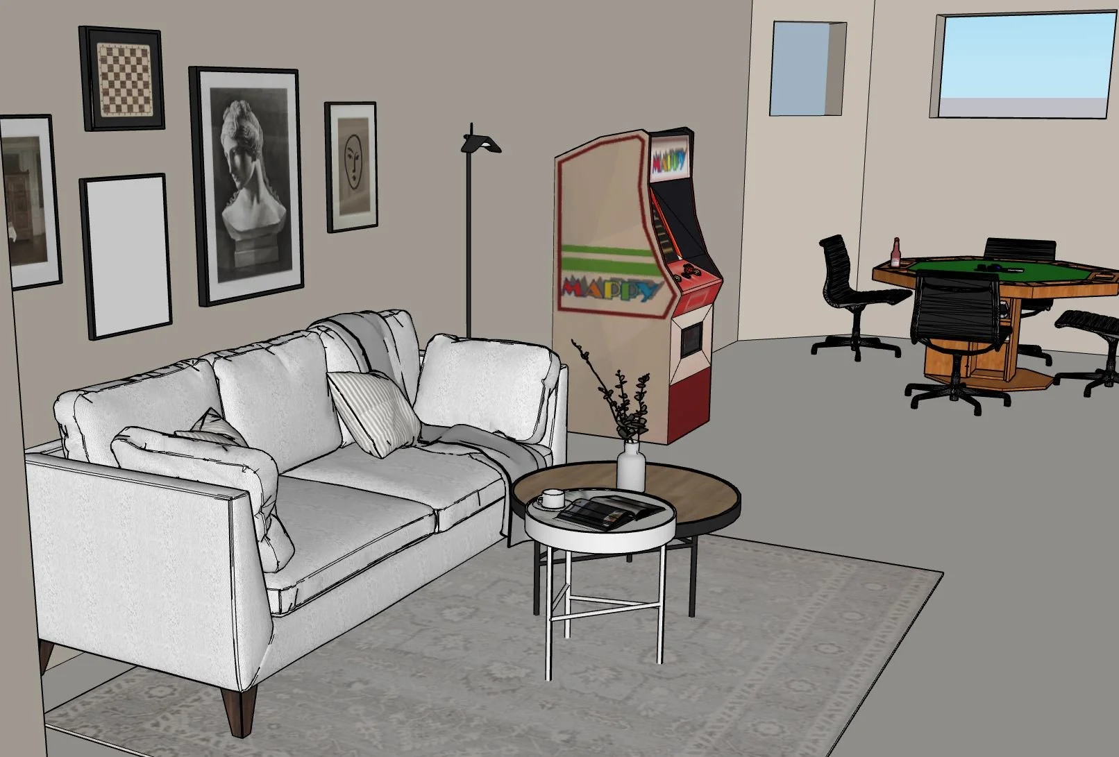 A living room with a white sofa, two round coffee tables, a vase with branches, a magazine, and a cup. There is a black and white gallery wall above the sofa, a floor lamp, and an arcade game machine. In the background, there is a poker table with ch