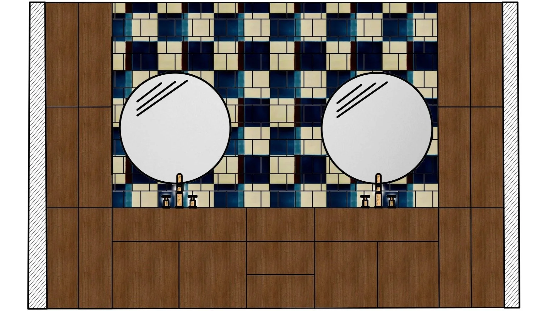 A symmetrical bathroom vanity with two round mirrors above two sinks, a tiled backsplash with a blue, beige, and dark pattern, wood cabinetry, and a striped wall on either side.